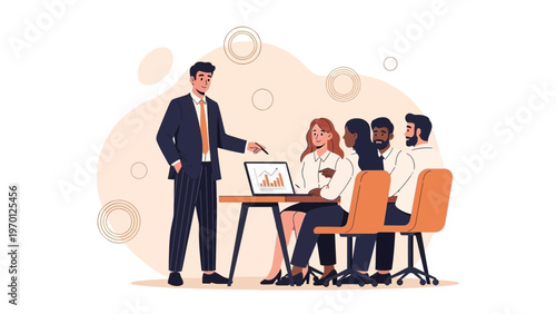 Business meeting with presentation on laptop, diverse team collaborating in office