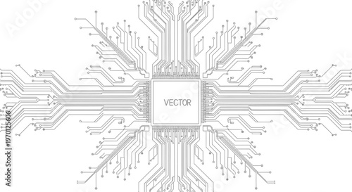 Futuristic Circuit Board with Central Processing Unit and 'Vector' Text on Isolated White Background