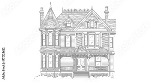 Detailed Victorian House Line Art Illustration on Isolated White Background