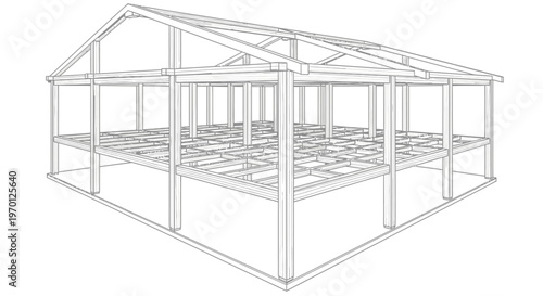 Detailed line art illustration of a house or building's structural framework, depicting the skeleton of a construction project on isolated white background.