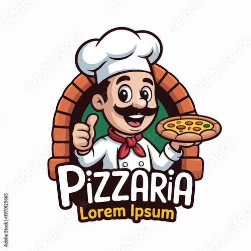 Cartoon chef pizza logo, pizzeria mascot illustration, Italian food restaurant design, cheerful cook artwork, traditional pizza oven branding