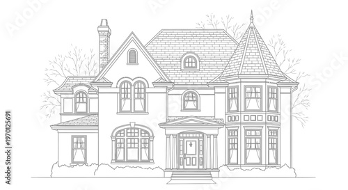 Detailed line art illustration of a classic Victorian-style house with intricate architectural details, isolated white background.