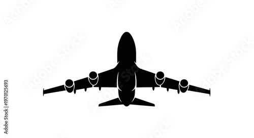 Top view silhouette of a large commercial airplane, symbolizing air transportation and global connectivity on isolated white background.