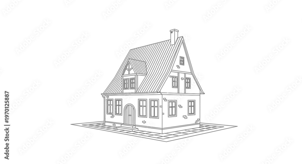 Fototapeta premium Detailed Outline Drawing of a Traditional House on Isolated White Background