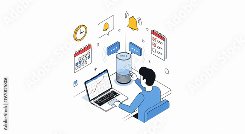 Isometric Illustration of a Man using a Smart Speaker and AI Assistant for Productivity, Task Management, and Home Office Automation