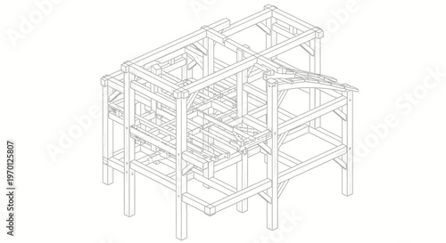 Isometric Timber Frame Structure Outline Drawing on Isolated White Background