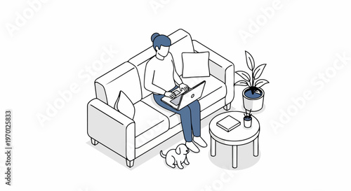 Isometric Woman Working from Home on Laptop Sitting on Sofa with Pet Dog Illustration
