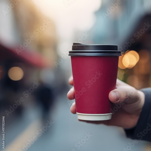 Person Holding Red Coffee Cup on Busy Street