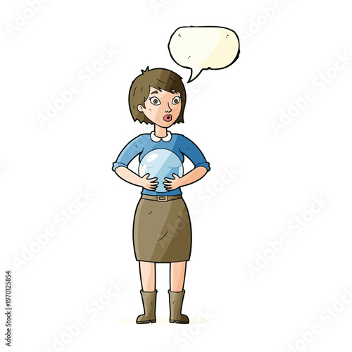 Cartoon illustration of a surprised woman holding a crystal ball with a speech bubble.