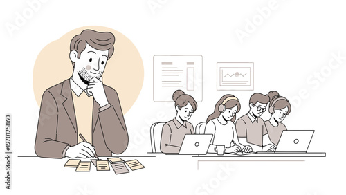 Business Team Collaboration: Manager Overseeing Colleagues Working on Laptops