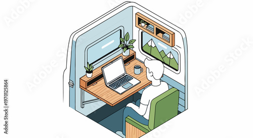 Isometric Illustration of a Digital Nomad Working in a Modern Mobile Office Camper Van with Mountain View