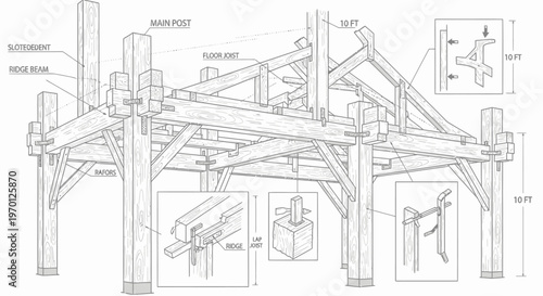 Detailed Architectural Blueprint of Timber Frame Structure on Isolated White Background