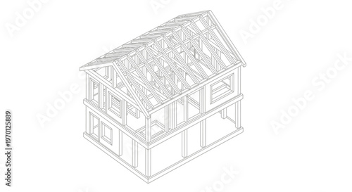 Two-Story House Frame with Roof Structure Isometric Outline Drawing on Isolated White Background