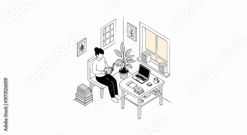 Isometric Line Art Illustration of a Woman Reading a Book in a Cozy Home Office Workspace
