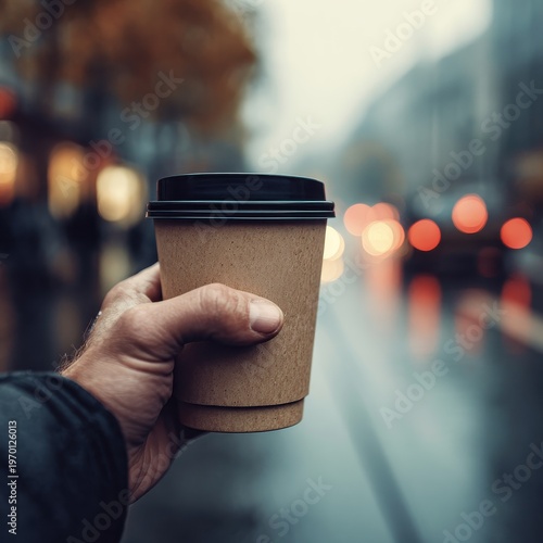 Person Holding Paper Coffee Cup on Busy Street at Night