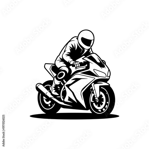 A black and white vector illustration of a motorcyclist in a racing tuck on a sportbike. Dynamic silhouette perfect for motorsport, speed, and racing-themed branding.