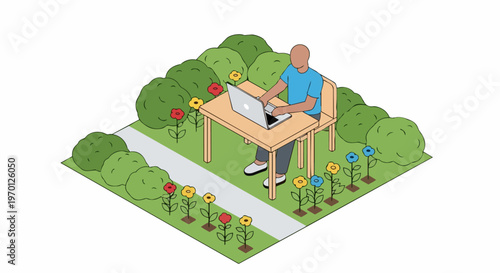Isometric Illustration of a Man Working Remotely on a Laptop in a Lush Outdoor Garden Office with Flowers and Plants for Digital Nomad and Mental Health Concepts