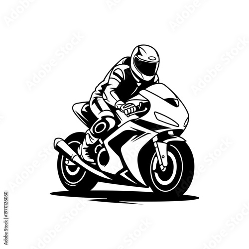 A black and white vector illustration of a motorcyclist in a racing tuck on a sportbike. Dynamic silhouette perfect for motorsport, speed, and racing-themed branding.