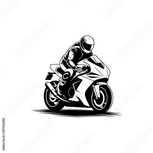 A black and white vector illustration of a motorcyclist in a racing tuck on a sportbike. Dynamic silhouette perfect for motorsport, speed, and racing-themed branding.