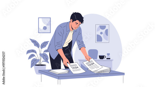 Man organizing tasks on desk, planning, workflow, business concept illustration