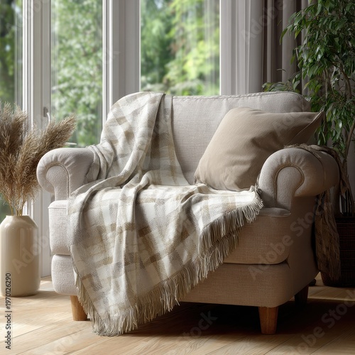 Cozy Neutral Sofa with Textured Throw in Sunlit Room