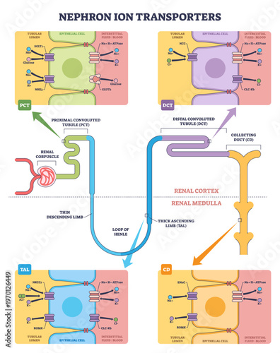 Nephron ion transporters overview highlights key channels Naand-Kand ATPase, NKCC2, and ENaC across tubular epithelium, showing sodium, chloride, and potassium flow, transparent background.