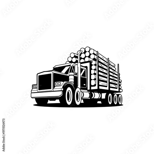 A black and white vector illustration of a heavy logging truck carrying a full load of timber. A powerful industrial silhouette ideal for forestry and transport branding.