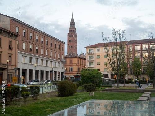 Photos Piazza Marconi in Cremona presenting the Torrazzo bell tower, Violin Museum, and