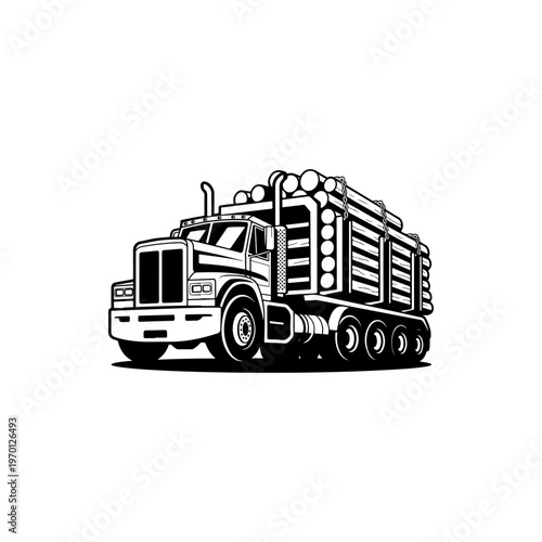 A black and white vector illustration of a heavy logging truck carrying a full load of timber. A powerful industrial silhouette ideal for forestry and transport branding.