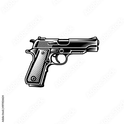 A black and white vector illustration of a semi-automatic pistol. This detailed, side-profile silhouette is ideal for tactical, security, and firearm-related branding.