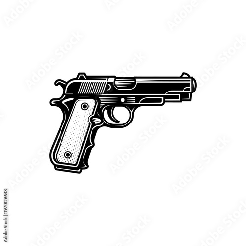 A black and white vector illustration of a semi-automatic pistol. This detailed, side-profile silhouette is ideal for tactical, security, and firearm-related branding.