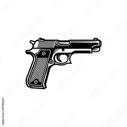 A black and white vector illustration of a semi-automatic pistol. This detailed, side-profile silhouette is ideal for tactical, security, and firearm-related branding.