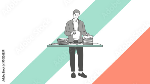 Man sorting documents at desk, business organization, paperwork, office work, illustration