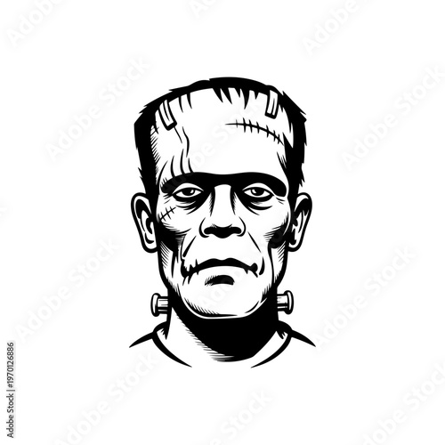 A black and white vector illustration of a classic cinematic undead creature with stitched scars and neck bolts. A detailed, gothic mascot portrait for horror themes.