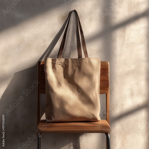 Natural Woven Tote Bag on Wooden Chair in Sunlight
