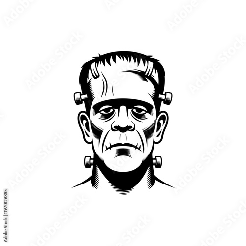A black and white vector illustration of a classic cinematic undead creature with stitched scars and neck bolts. A detailed, gothic mascot portrait for horror themes.