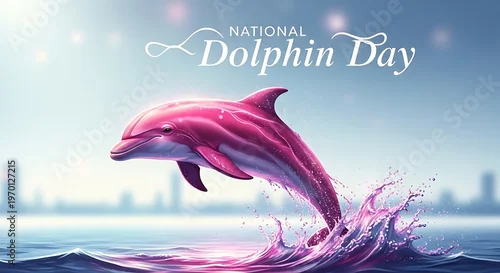 Fototapeta National dolphin day celebration with a vibrant pink dolphin leaping from water