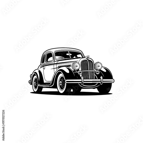 A black and white vector illustration of a classic 1930s-style coupe car. This elegant vintage silhouette is perfect for automotive history and retro design branding.