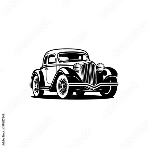 A black and white vector illustration of a classic 1930s-style coupe car. This elegant vintage silhouette is perfect for automotive history and retro design branding.