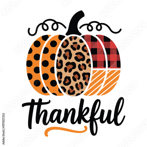 Festive pumpkin illustration with varied patterns and thankful lettering