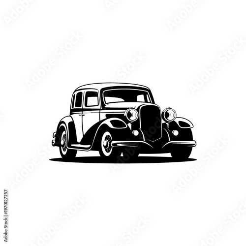 A black and white vector illustration of a classic 1930s-style coupe car. This elegant vintage silhouette is perfect for automotive history and retro design branding.