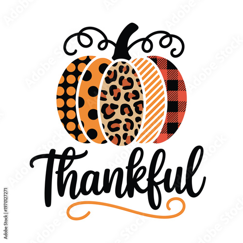 Festive pumpkin illustration with thankful calligraphy for autumn celebrations