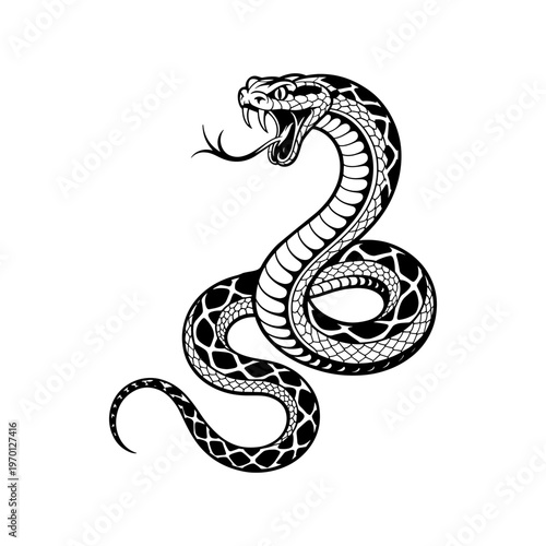 A black and white vector illustration of a slithering snake with detailed scale patterns and a flicking tongue. A clean, serpentine silhouette for nature or tattoo art.
