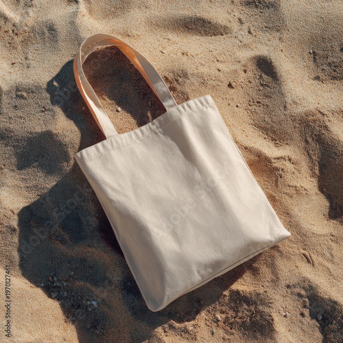 Light Beige Tote Bag with Wooden Handle on Sandy Beach