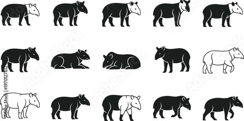 Vector Illustration Set of Tapir Animals in Various Poses, Black and White Design for Wildlife, Nature, and Animal Graphics