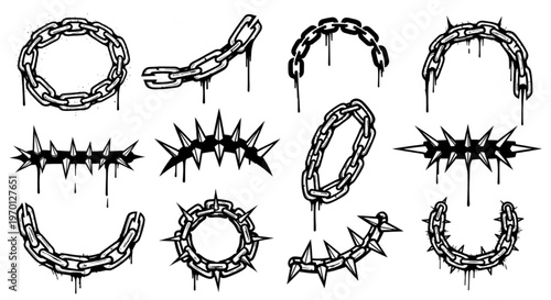 Urban Graffiti Chain and Spiked Element Vector Illustration Sheet in Black Ink Grunge Punk Street Art Style with Broken Dripping and Jagged Forms