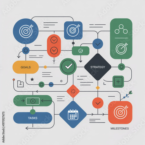 A colorful infographic illustrating a business strategy with various goals and tasks