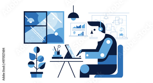 Robot working on laptop in modern office with blue monochromatic color scheme in flat design for business technology