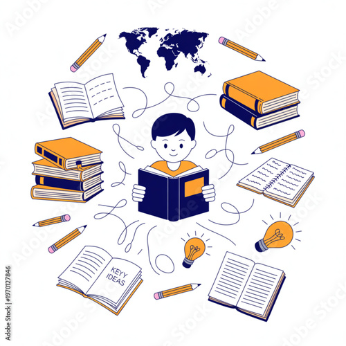 A young boy surrounded by books and pencils, deep in thought