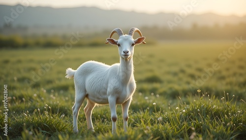  Healthy white goat standing in open field, soft sunlight, clean background, detailed fur, peaceful rural environment, Eid ul Adha concept
